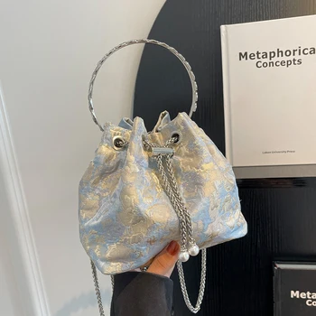 Жаккардовая bag-чанта, кристали, Кръгла чанта с пръстеновидна дръжка, женствена чанта 2023 г., нов платно клатч, чанта през рамо на веригата от Fashon