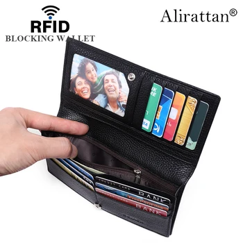 Жена дълъг портфейл Alirattan RFID с ультратонким горния слой от мека телешка кожа с Ръчно портфейл с щипка за билети, чанта за карти
