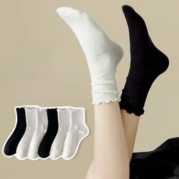 Жените чорапи Памучни с рюшами, средната тръба, къси, до глезените, дишаща Черно-бял комплект, пролет-есен-зима