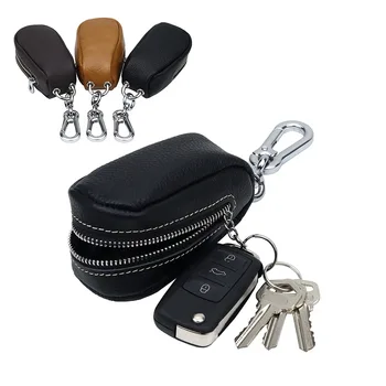 Женски мъжки органайзер за ключове от естествена кожа, защитен калъф с цип, мултифункционален калъф за ключове от кола, малък портфейл, мини-портфейл