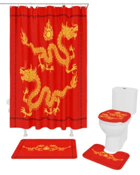 Завеса за душ на червен фон с дракон, Нескользящие подложки, капака на тоалетната чиния и подложка за баня, Завеси за баня с куки