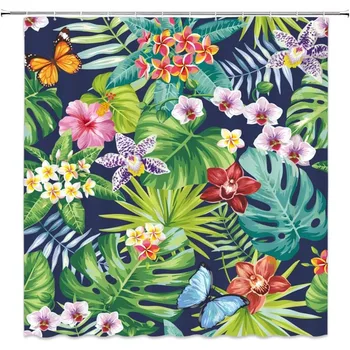 Завеса за душ с душ тип тропически цветя растение, Палмови листа, Хибискус, Цветя Плюмерии, Хавайски Ботаническая плат, Полиестер с куки
