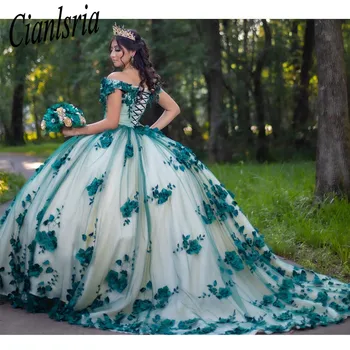 Зелена бална рокля, буйни рокли, лейси апликация, 3D цветя, мъниста, сладка рокля 15-16, празнична облекло Xv Años