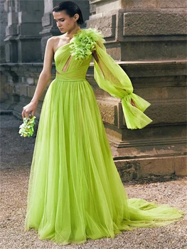 Зелена плиссированное плажна рокля с 3D цветен модел с едно рамо с дълъг ръкав за коктейльной парти, рожден ден, концерт, вечерна рокля