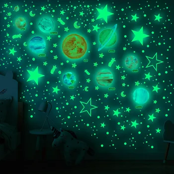 Зелена светлина Планета в Слънчевата система Светещи стикери за Декорация на детската стая Светещи звезди Декор Етикети Светещи в тъмното Етикети
