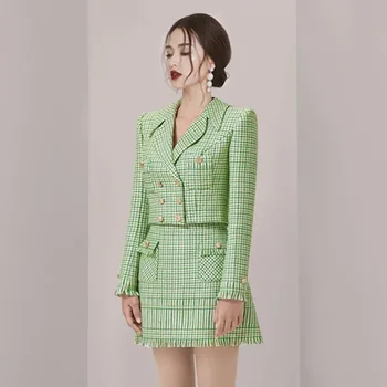 Зелени каре дамски костюми, сако + пола от 2 теми, Елегантна официална офис дамски бизнес работни облекла, модно палто за момичета, рокли за абитуриентски бал