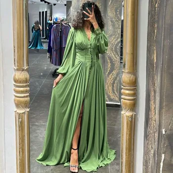 Зелени рокли за бала с цепка отстрани и дълъг ръкав дължина до пода с дълбоко V-образно деколте, рокли за гостите на вашата сватба с един прост аппликацией.
