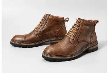 Зимни къси мъжки обувки Goodyear в английски стил, с кръгло бомбе работни обувки от естествена кожа, дишащи мъжки ботильоны в ретро стил