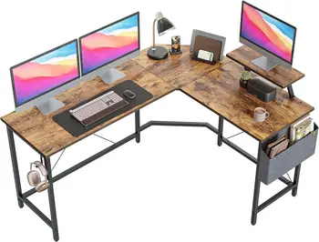 Игрална маса L-образна форма 59,1 инча, компютърно бюро за домашния офис с поставка за монитор за дневна и спалня, кафяв / рустикально-кафяв