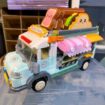 Играчки за деца Света превозни средства Хлебная машина Фурна Камион с яденето на Понички Сладкарница Пикник 3D модел САМ Кухненски блокове Тухлена сграда