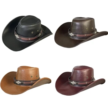 Изкуствена кожа ковбойская шапка за жени, мъже пънк-рок извити полета ковбойская шапка ветрозащитный