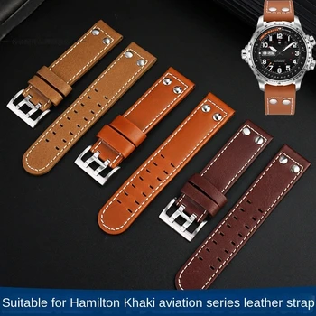 Каишка за часовник Хамилтън Khaki авиационна от естествена кожа jazz H77616533 H70615733 Мъжки каишка за часовник с заклепкой от неръждаема стомана, 20 mm 22мм