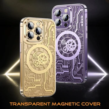 Калъф за мобилен телефон с магнитно-механична текстура за iPhone 12 13 14 15 Pro Max 15Plus, прозрачен калъф от TPU за безжичното зареждане Magsafe