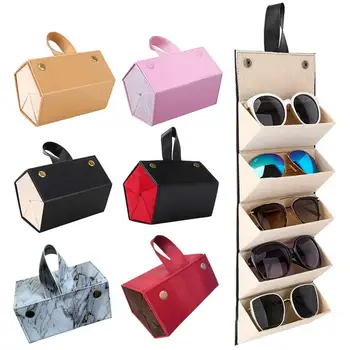 Калъф за очила с 5 слота, Изкуствена Кожа, Сгъваема Опаковъчна кутия за очила, Стенни чанта, Слънчеви очила, Кутия контейнер за очила