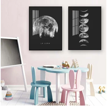 Картина върху платно, декорация за всекидневната, изчистен плакат с Полнолунием, черно-бели разпечатки на фазите на Луната, Слънчевата система
