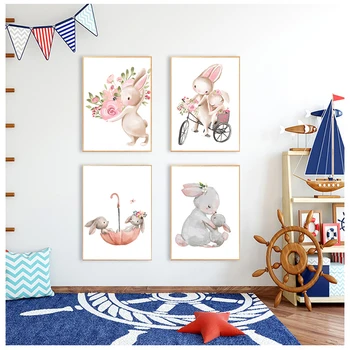 Картини с плакати със заек Животни Стенно изкуство развъдник Печат върху платно със заек на Розови цветя Мультяшная картина Декор на детска стая за момичета