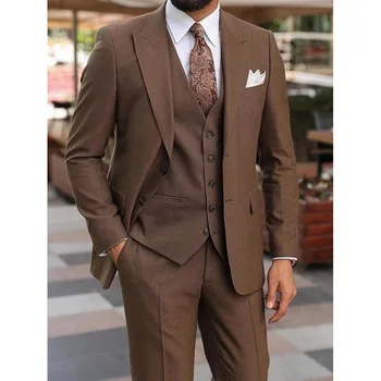 Кафяви мъжки костюми приталенного cut, сватба парти, 2 броя, официално сако с ревера + панталони, бизнес смокинг, костюм Homme