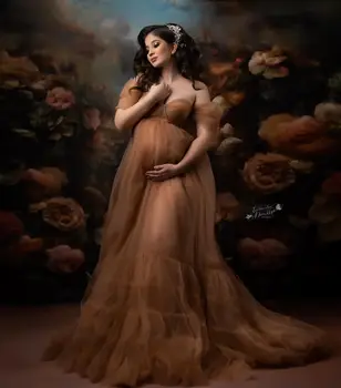 Кафяви тюлевое рокля за бала, женски рокли за фотосесии с открити рамене, рокли за бременни, дрехи за партита в стил Babyshower
