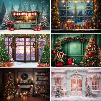 Коледна Зимна снежна фон за снимки, Коледна елха, прозорци, украса на стаята, Фон за снимки на децата, семеен портрет