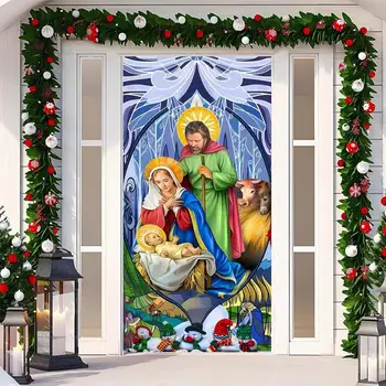 Коледна украса за врати, Плат за крилото задължителни през Зимата Светата Нощ, на фона на сцени с яслями, Коледен банер 90 x 200 см