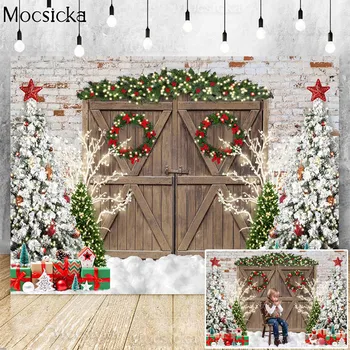 Коледни Фонови снимки с кафява дървена врата в селски стил, подарък Коледна елха, Зимен Сняг, Деца, семеен портрет, на фона на фотографско студио