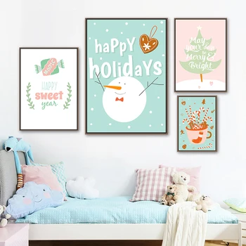 Коледно дърво, платно, художествена живопис, плакати с цитати от Щастлива Нова година, снежни човеци, празнични декорации за всекидневна, къща