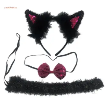 Комплект костюми на котки, на карнавалните костюми на животните, плюшени котешки уши, превръзка на главата, носи вратовръзка и опашката