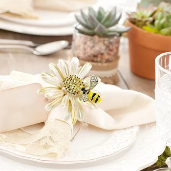 Комплект от 6 пръстени за салфетки с цветя и слънчогледи, златни поставки за пръстени за салфетки с пчели за официални или ежедневни декор на масата за хранене