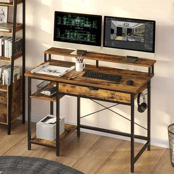 Компютърно бюро с витрина и чекмеджета, 47-инчов офис бюро, работно място за обучение, със стабилна метална рамка, компютърна маса