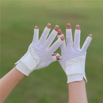 Корейски Ръкавици за голф Женски Дишащи и Износоустойчивост, Бели, Розови, На Лявата и на Дясната Ръка се Виждат Пръстите на краката