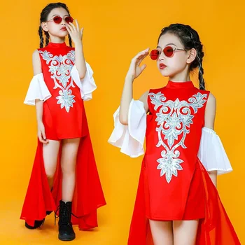 Костюм За детска телевизия Онлайн Червен танцов костюм за джаз танци в китайски стил, костюм за изяви момичета, сценичното рокля