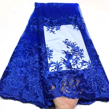 Кралското синьо Африканска лейси плат С мъниста 2022 Висококачествена дантела С Нигерийски бродерии, Дантела и плат за сватбен шевни MJ5216