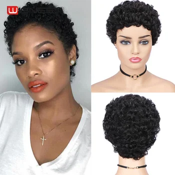 Кратък перука Wignee от човешка коса, къдрава Афро Пухкави перуки, изработени от човешка коса за черни жени, Бразилски къса перуки Реми Коса 150%