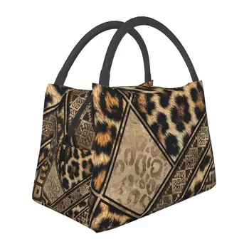 Леопардовый кожа с етнически орнаменти, Изолирано чанта за обяд, Кожа преносим термоохладитель, Обяд-бокс за хранене, нощуване на открито, пътуване