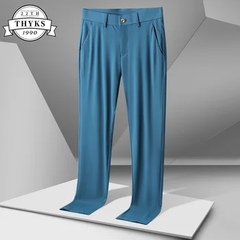 Летни мъжки ежедневни панталони Ice Коприна, бързо съхнещи Тънки бизнес панталони в западен стил, Высокоэластичные Директни Водоустойчив Маслоустойчив панталони за джогинг