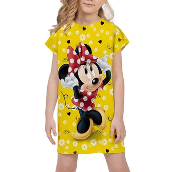 Лидер в продажбите, детско жълта рокля, модерни сладка рокля с Мини Маус за момичета, лятото ежедневното детско рокля с анимационни герои, ежедневни удобен плат