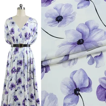 Лилаво летящ цвете, лятна тънка еластична тъкан от двойна естествена коприна тутового копринени буби Qiao, висококачествено женствена рокля 