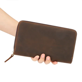 Луд кон кожен портфейл дългите ръце на най-горния слой от телешка кожа на ръцете вземат чантата е с голям капацитет ретро проста мъжка чанта мулти-карта 