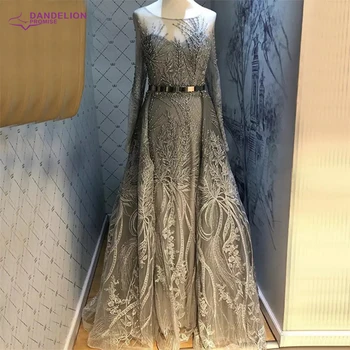 Луксозна вечерна рокля с кръгло деколте и дантела в стил русалка от Дубай, 2021, дълги ръкави, вечерни рокли с кристали ръчно изработени бляскави вечерни рокли
