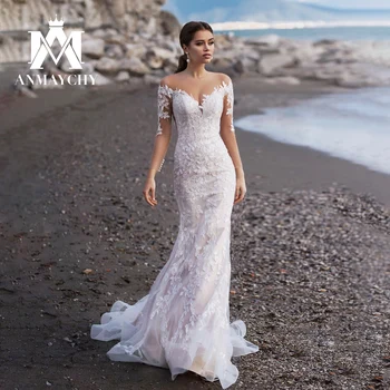 Луксозна сватбена рокля на Русалка за жени 2023, Илюзия с дълъг ръкав, без облегалка, с аппликацией във формата на сърце, Сватбената рокля Vestidos De Новия