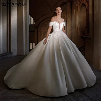 Луксозни Бели сватбени рокли с отворени рамене, бродирани с мъниста от лъскави перли 2024, бална рокля в стил сладък булката с отворен гръб, Vestido De Noiva