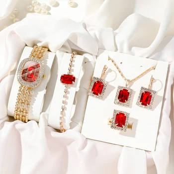 Луксозни овални часовници за жени, Стоманени Ежедневни Дамски кварцови часовници с кристали, Кристално колие, Пръстен, обеци, бижута комплект + кутия