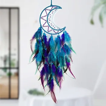 Луната Индийски Ловец на сънища Подвесное украса направи си Сам Ръчно изработени Свирки от пера Декоративна малка окачване ， Естетичен интериор на стаята