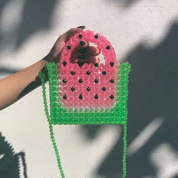 Лятна нова дамска чанта, малки, свежи зелено-червени чанти през рамо с сращиванием, персонални чанта с арбузным плетением, расшитая мъниста и хрусталем.
