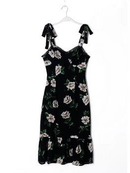 Лятно Черно Шифоновое рокля Midi, Женски рокли на бретелях с флорални принтом и джапанки