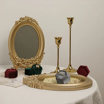 Малка кръгла масичка от скандинавски златната смола с огледален тава, ретро масичка за грим в спалнята, домашен декоративен