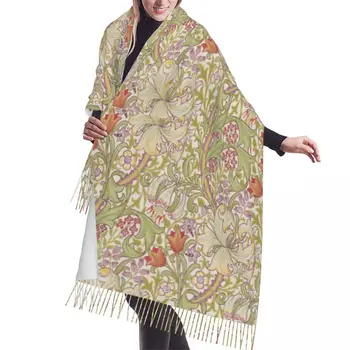 Маслинено-кафяв шал с шарките на златни лилии Уилям Морис за жените, най-дългата зимна топла шал с пискюли, Модерни, универсални шалове