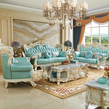 Мебели за дневна Европейската цвят на слонова кост, от масивно дърво, луксозни кожени, 123 диван за хол, благородна воловья кожата на вили