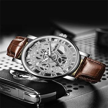 Модерен бизнес мъжки часовник С кожена каишка, кварцов часовник за мъже, процес выдалбливания, Часовник с кръгла циферблат Reloj De Hombre