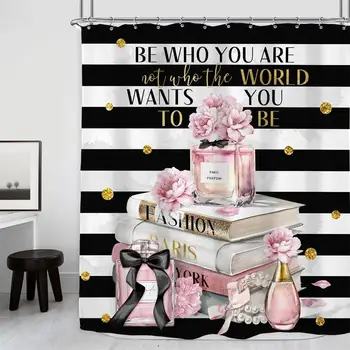 Модерен парфюм завеси за душ, съвременните списания, книги, в черно-бяла ивица, на розови цветя за момичета, декор за баня от полиэстеровой тъкан